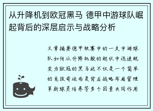 从升降机到欧冠黑马 德甲中游球队崛起背后的深层启示与战略分析
