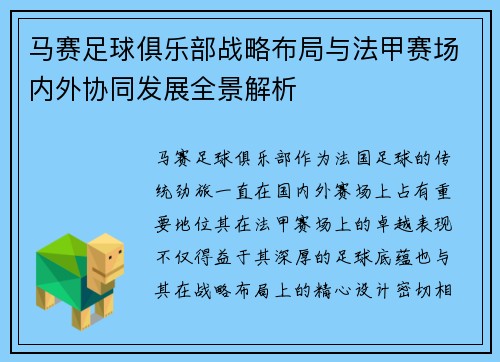 马赛足球俱乐部战略布局与法甲赛场内外协同发展全景解析