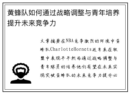 黄蜂队如何通过战略调整与青年培养提升未来竞争力