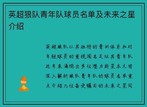 英超狼队青年队球员名单及未来之星介绍